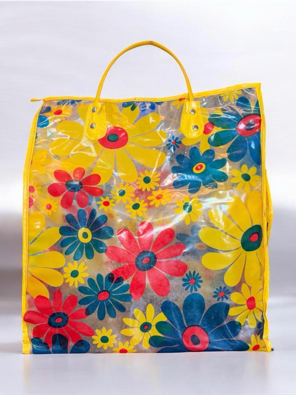 VTG Clear Floral Tote Bag in Yellow with Multicolor Blooms  60’s or 70’s 14x13”